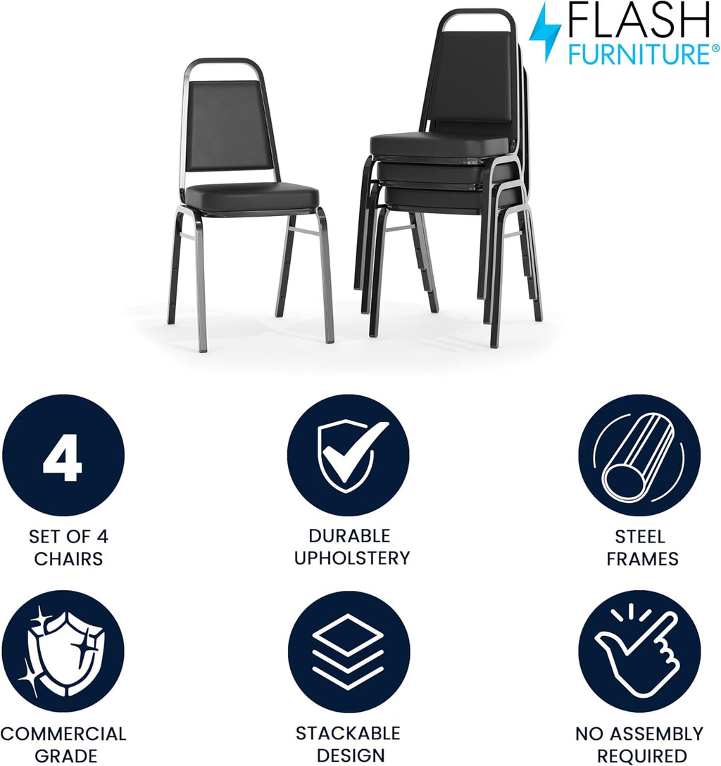 Flash Furniture Hercules Set of 4 Trapezoidal Vinyl Stacking Chairs, Commercial Stackable Chairs with Padded Seats and Backs, Black