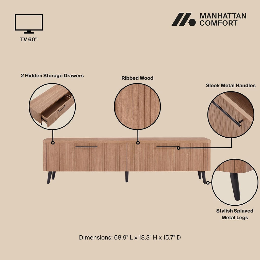 Manhattan Comfort Jodie 69' TV Stand with Wood Ribbed Drawers, Mid Century Modern Console Table for Televisions up to 60', Entertainment Center Storage Solution for Living Room, Maple
