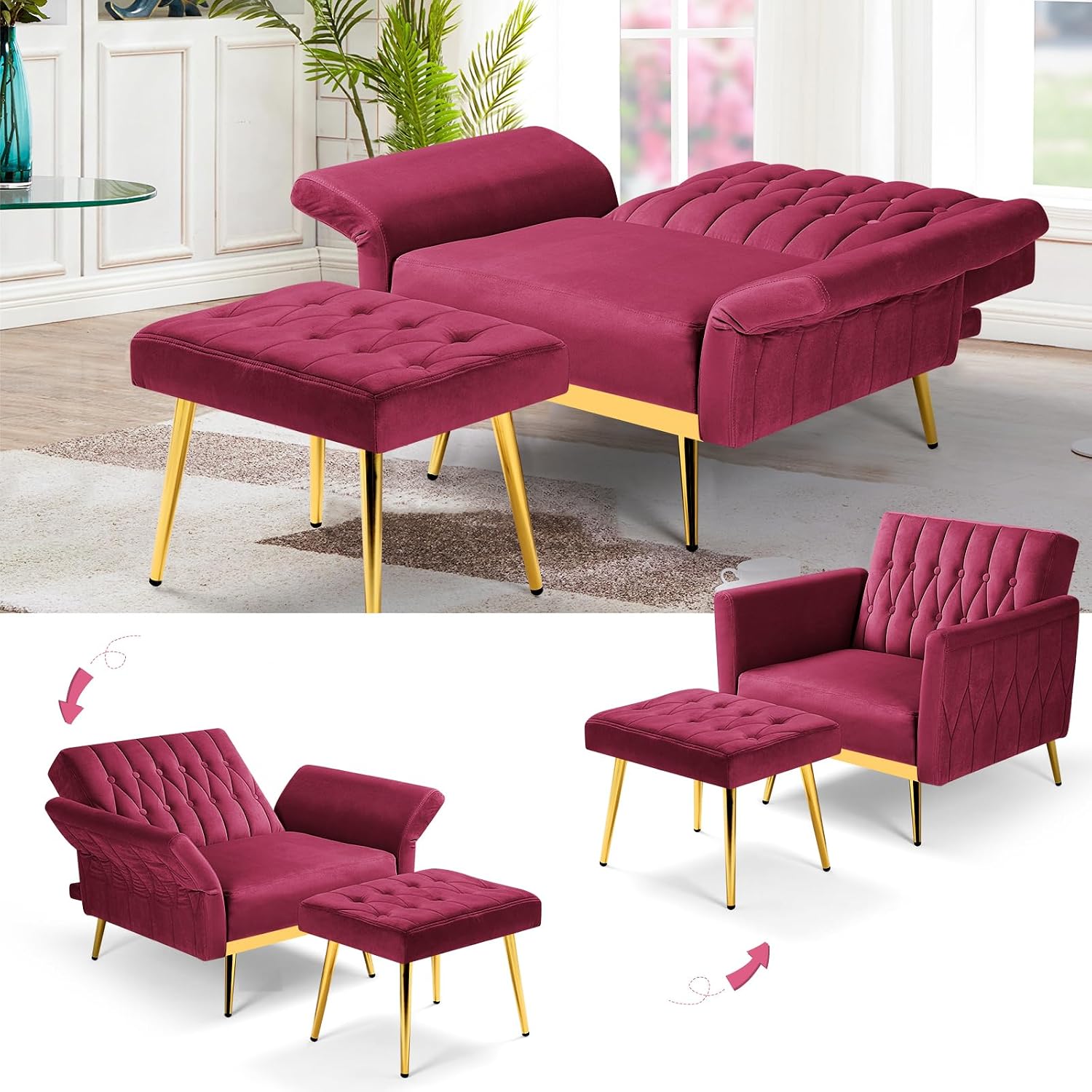 Velvet Accent Chair with Adjustable Armrests and Backrest, Button Tufted Lounge Chair, Single Recliner Armchair with Ottoman and Pillow for Living Room, Bedroom, Fuchsia