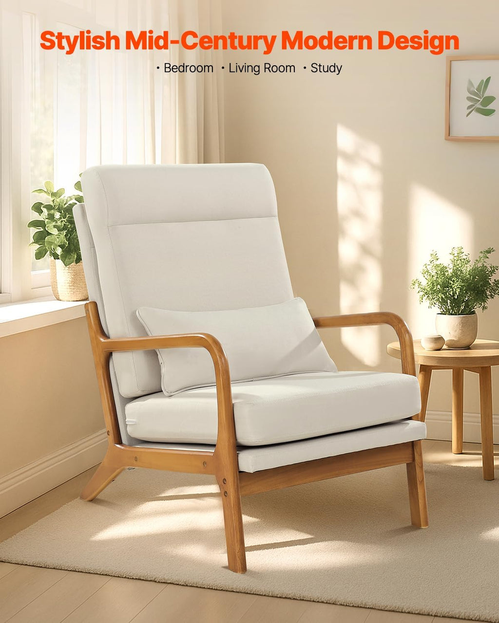 VEVOR Accent Chair, High Back Mid Century Modern Armchair with Solid Wood Frame and Non-Slip Legs, Upholstered Leisure Chair with Linen Fabric and 5.3 in Thickened Cushion, for Living Room, Bedroom