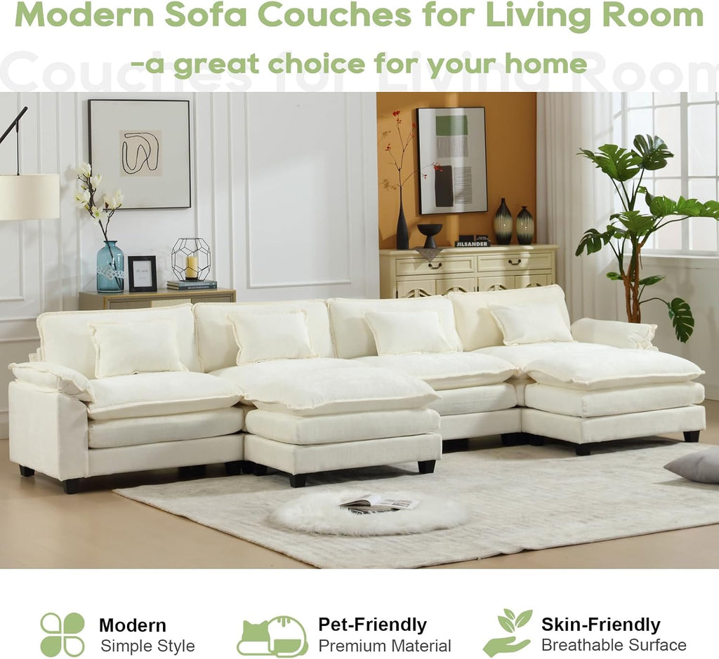 Oprisen 154' Modular Sectional Sofa, Comfy Cloud Couch Sectional Sofa with Ottoman, Chenille Sofa Sleeper Deep Seat Sofa with Throw Pillows for Living Room (Beige White, 154'- U Shape)