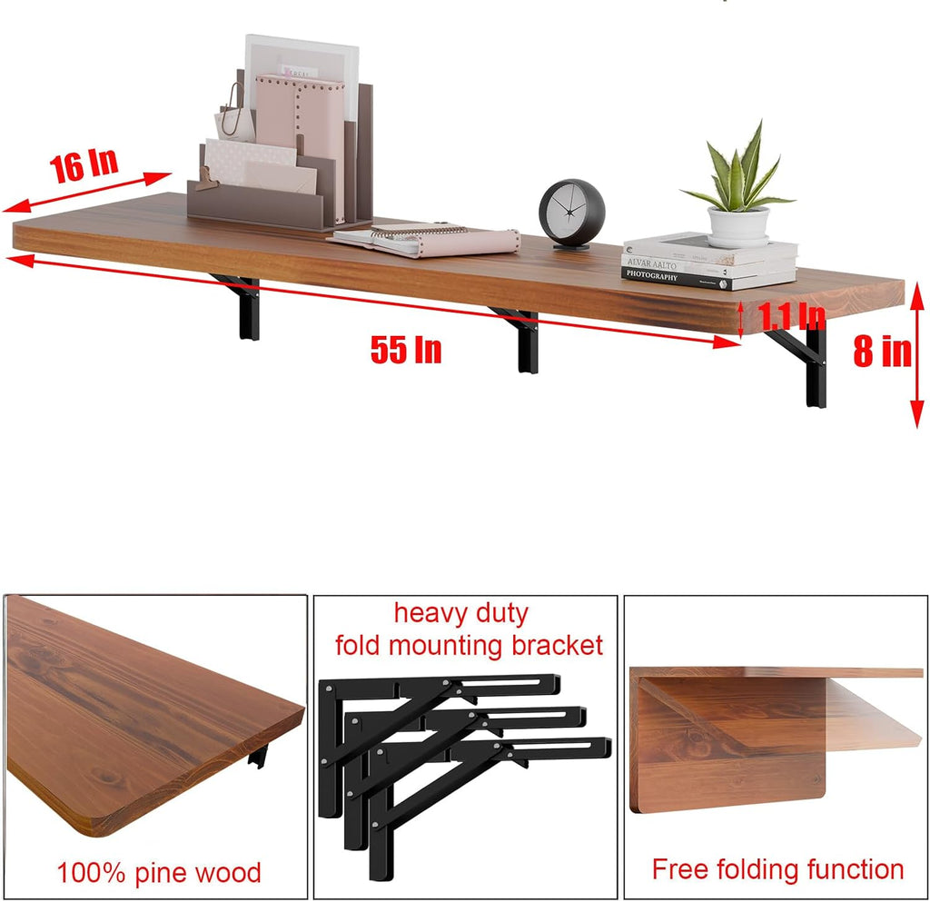 IAE Wall Mounted Folding Table with Pine Wood,55' x 16' Floating Wall Desk,Laundry Folding Table with Shelf Brackets,Fold Down Desk Shelf,Fold Workbench for Apartments,Home,Laundry Room,Kitchen,Teak