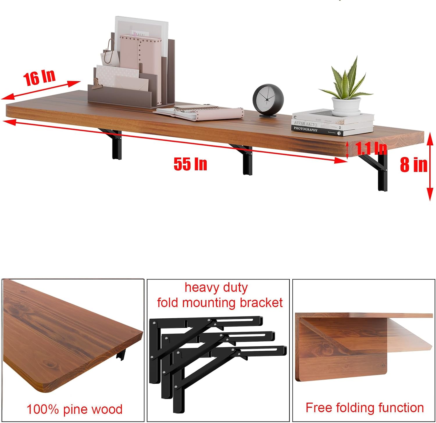 IAE Wall Mounted Folding Table with Pine Wood,55' x 16' Floating Wall Desk,Laundry Folding Table with Shelf Brackets,Fold Down Desk Shelf,Fold Workbench for Apartments,Home,Laundry Room,Kitchen,Teak