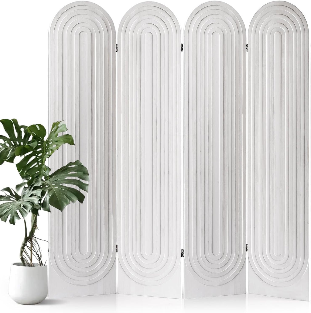Room Divider and Folding Privacy Screen 4 Panel Wood Arched Room Divider Wall, Separators Divider for Room Separation, Folding Portable Partition Screen for Home Office Bedroom (White)