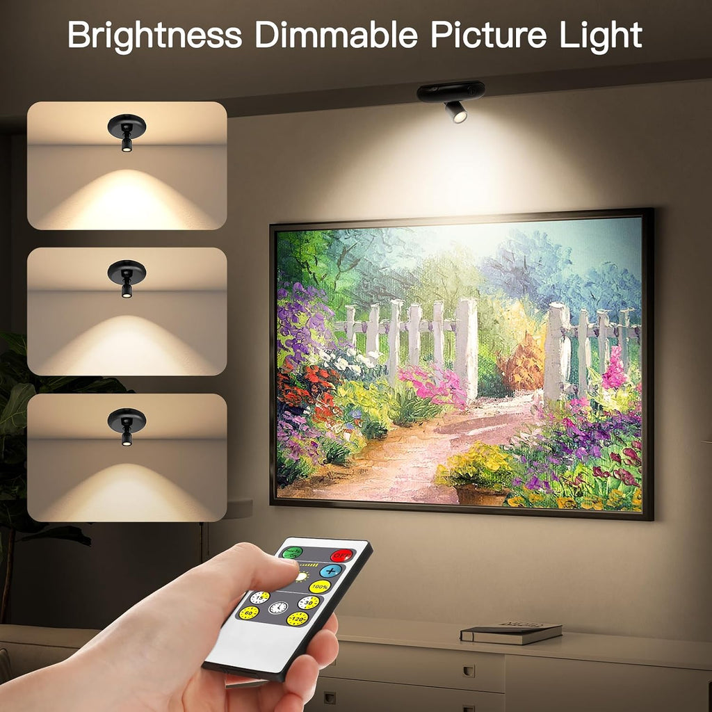 Indoor Plant Spotlight Battery Operated,Picture Light with Remote,Wall Painting Uplight,Wireless Dimmable Timer,Spot Light for Plants Trees Pictures Dis Painting Art e Gallery Portrait