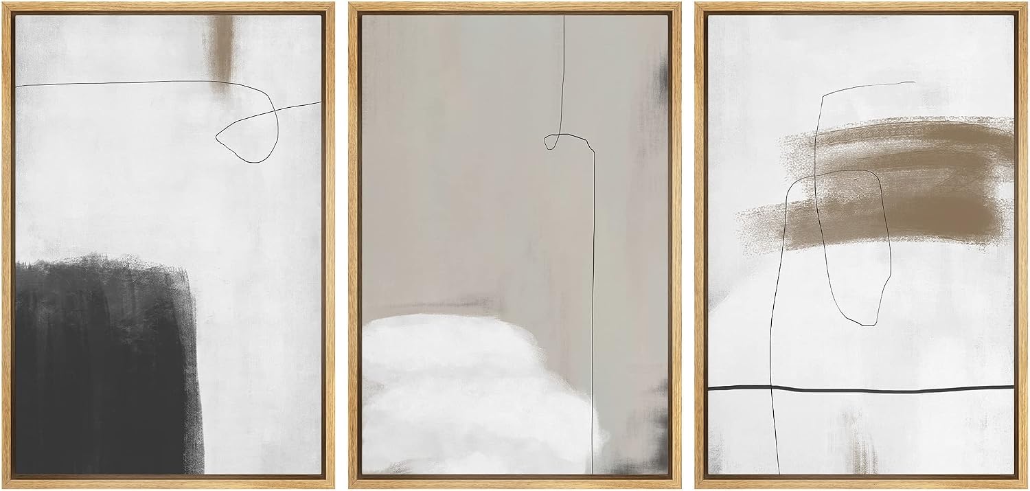 SIGNFORD Framed Canvas Print Wall Art Set Grunge Dark Watercolor Paint Stroke Abstract Shapes Illustrations Modern Art Bohemian Nordic for Living Room, Bedroom, Office - 24'x36'x3 Natural