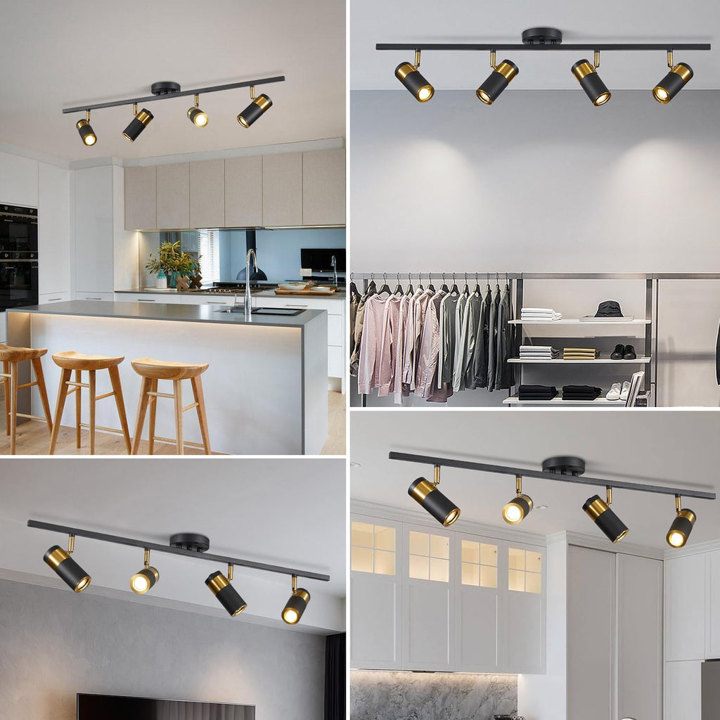 Matte Black Track Lighting Kit Mid Century Vintage Adjustable Kitchen Track Lighting Fixtures Modern Indoor Ceiling Mount Linear Spotlight Fixture Flexibly Rotatable Light Head GU10 MCL05-4 BK
