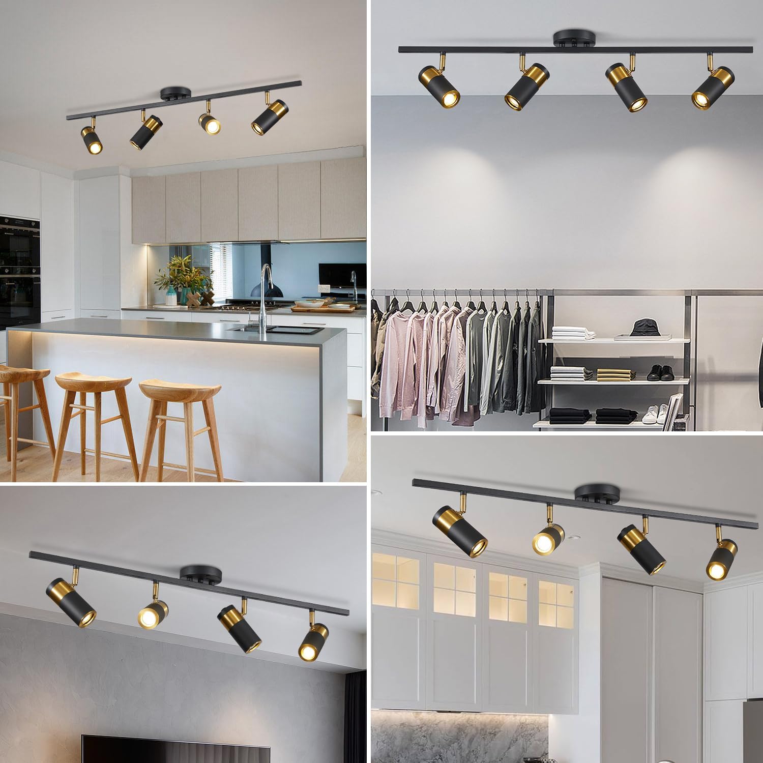 Matte Black Track Lighting Kit Mid Century Vintage Adjustable Kitchen Track Lighting Fixtures Modern Indoor Ceiling Mount Linear Spotlight Fixture Flexibly Rotatable Light Head GU10 MCL05-4 BK