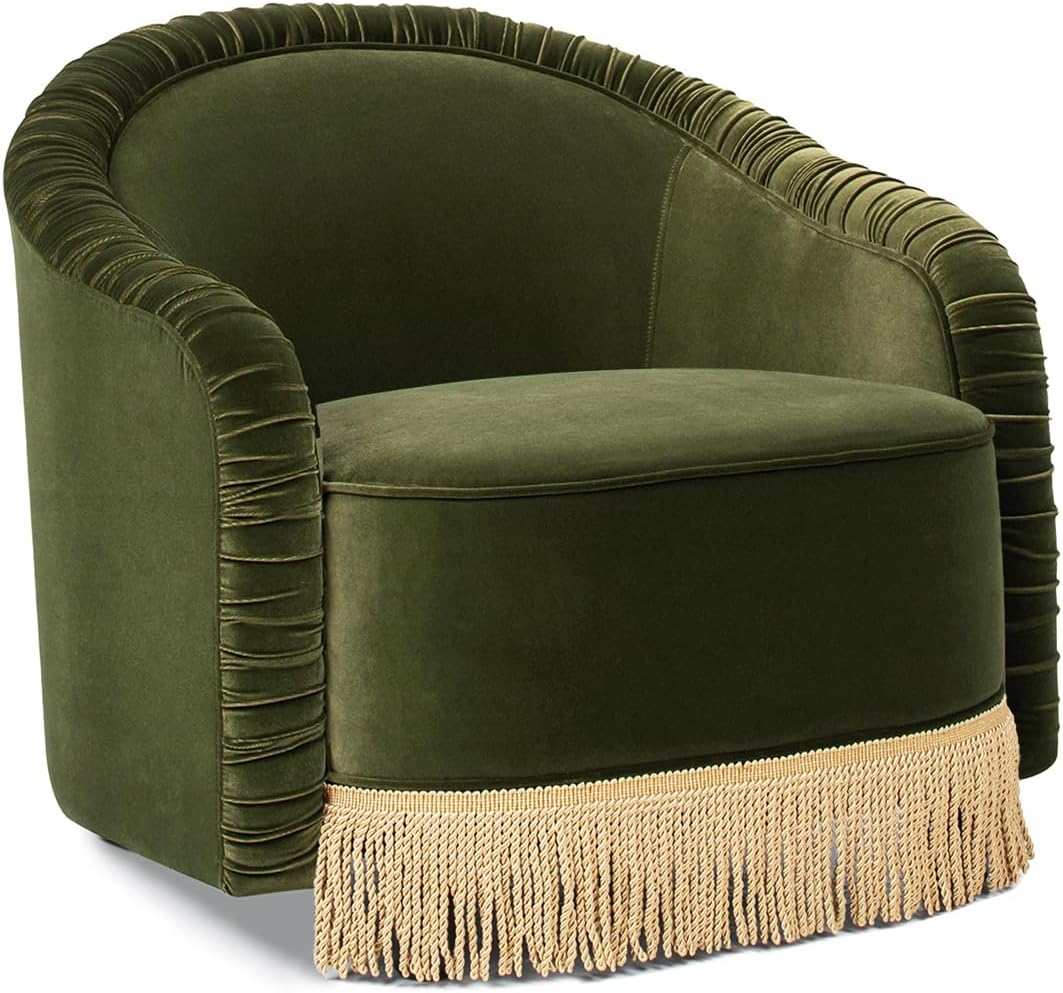 Jennifer Taylor Home Serena 31.5' Ruched Barrel Back Accent Arm Chair with Bullion Fringe, Olive Green Performance Velvet