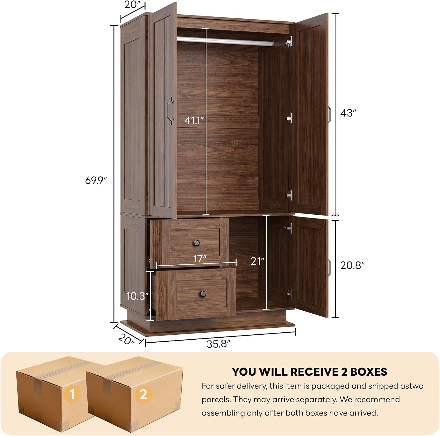 LIKIMIO Farmhouse Wardrobe Closet with Doors, 70' Bedroom Armoires with LED Lights and Hanging Rod, Wooden Large Wardrobe Cabinet with 2 Drawers and 1 Cabinet, Walnut