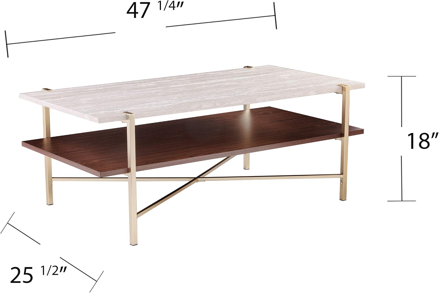 SEI Furniture Ardmillan Rectangular 47' Cocktail Table w/Storage, Brass and Dark Tobacco Finish w/White Faux Travertine