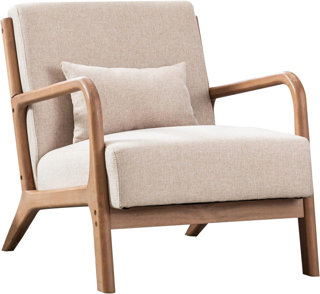 ANJ Mid Century Modern Accent Chairs Set of 2, Single Fabric Lounge Reading Armchair with Solid Wood Frame, Easy Assembly Arm Chairs for Living Room Beige 2