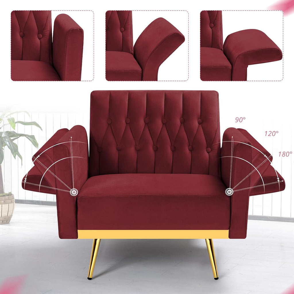 Velvet Accent Chair with Adjustable Armrests and Backrest, Button Tufted Lounge Chair, Single Recliner Armchair with Ottoman and Pillow for Living Room, Bedroom, Red