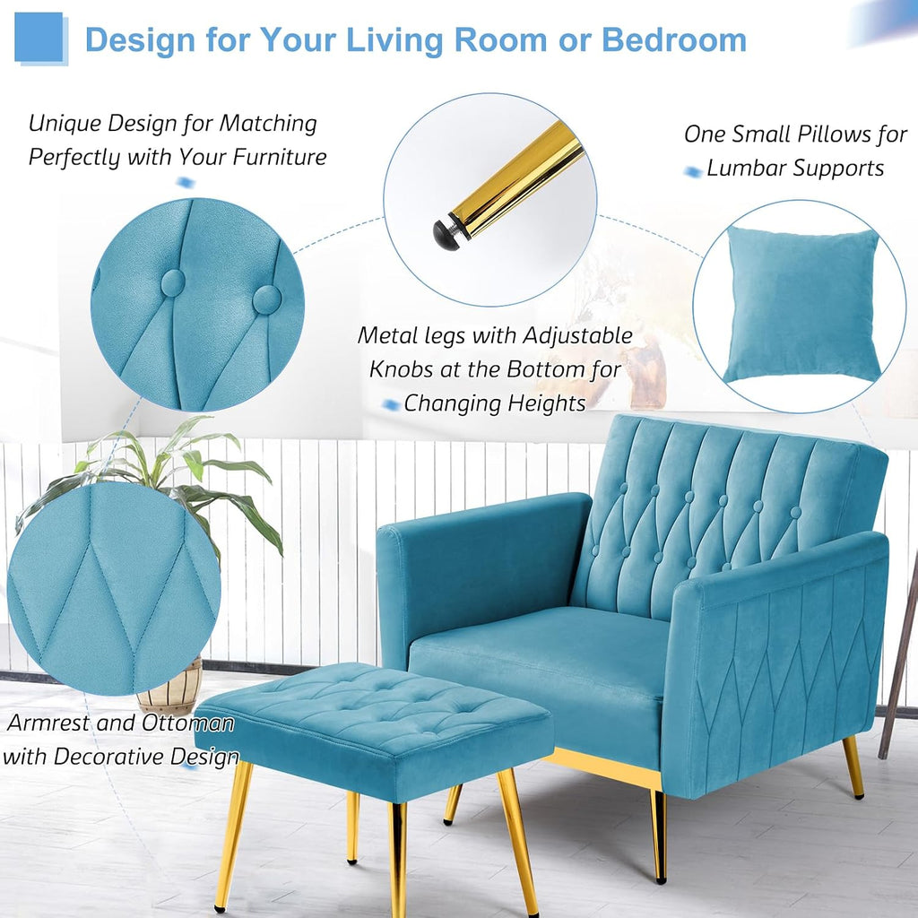 Velvet Accent Chair with Adjustable Armrests and Backrest, Button Tufted Lounge Chair, Single Recliner Armchair with Ottoman and Pillow for Living Room, Bedroom, Baby Blue
