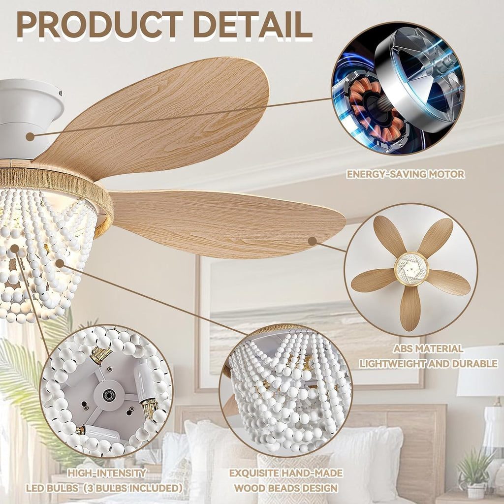 Boho Ceiling Fans with Lights and Remote, Wood Beaded 52 inch Ceiling Fan with Light,6 Speed Reversible Motor LED Flush Mount Ceiling Fans, Ceiling Fan Light for Bedroom Living Room(Wood Blades)