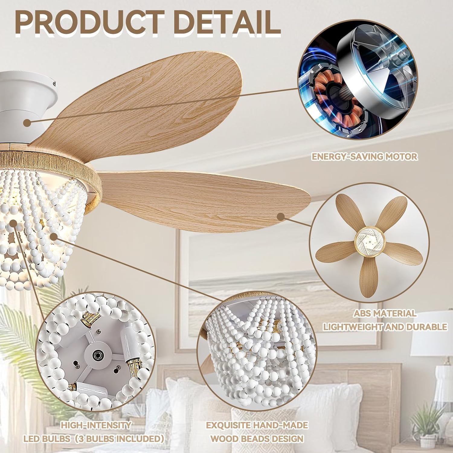 Boho Ceiling Fans with Lights and Remote, Wood Beaded 52 inch Ceiling Fan with Light,6 Speed Reversible Motor LED Flush Mount Ceiling Fans, Ceiling Fan Light for Bedroom Living Room(Wood Blades)