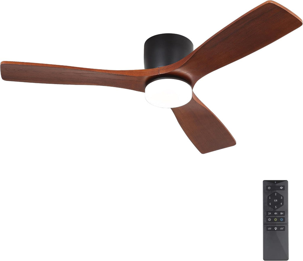 WINGBO 48 Inch Flush Mount DC Ceiling Fan, 3CCT Dimmable Light, 3 Carved Wood Blades, 6-Speed Noiseless Reversible DC Motor, Hugger Low Profile Fan, Matte Black Finish with Walnut Blades, ETL Listed
