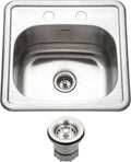 Houzer Hospitality Stainless Steel Bar & Prep Sink: 15 Inch Drop-In Topmount 2-Hole Sink for Bar & Kitchen, Durable & Versatile, Essential for Home & Apartment: 1515-6BS-C