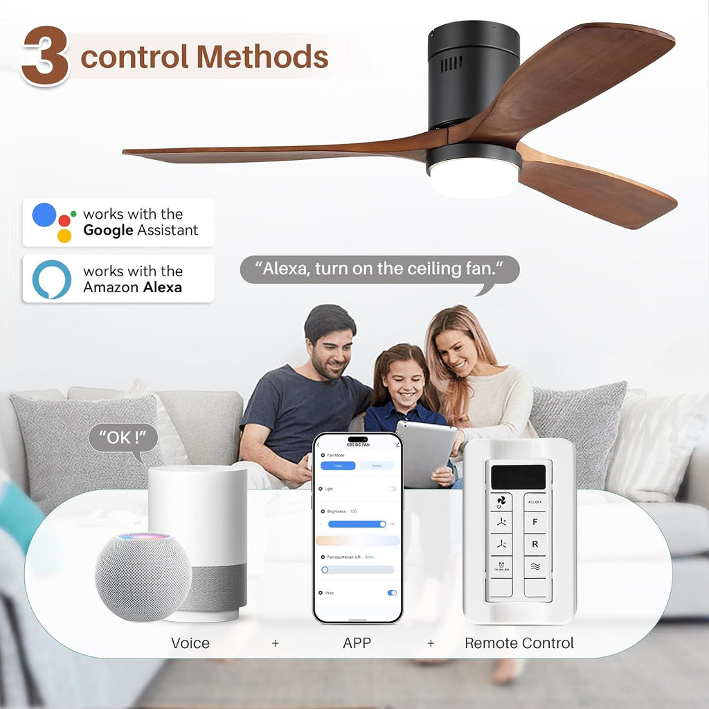 CACI Mall Smart 52 inch Wood Flush Mount Ceiling Fans with Lights and Remote, 3 Blades, Low Profile, Modern, Compatible with Alexa/Google/App, Outdoor Indoor Ceiling Fans for Bedroom/Farmhouse/Patio