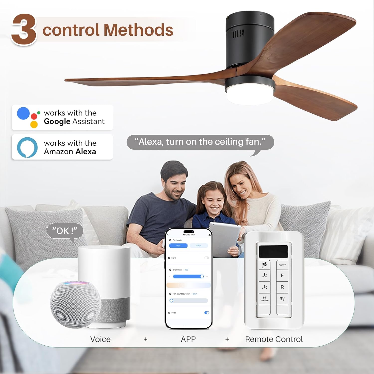 CACI Mall Smart 52 inch Wood Flush Mount Ceiling Fans with Lights and Remote, 3 Blades, Low Profile, Modern, Compatible with Alexa/Google/App, Outdoor Indoor Ceiling Fans for Bedroom/Farmhouse/Patio