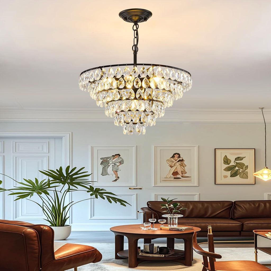 YYJLX Modern Crystal Chandelier 7 Light 20' Raindrop Black Ceiling Chandelier Adjustable Hanging Light Fixture for Dining Room Foyer Entryway Staircase Living Room