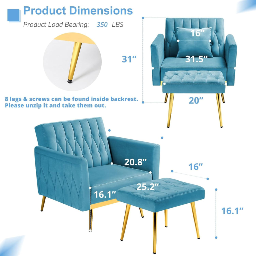 Velvet Accent Chair with Adjustable Armrests and Backrest, Button Tufted Lounge Chair, Single Recliner Armchair with Ottoman and Pillow for Living Room, Bedroom, Baby Blue