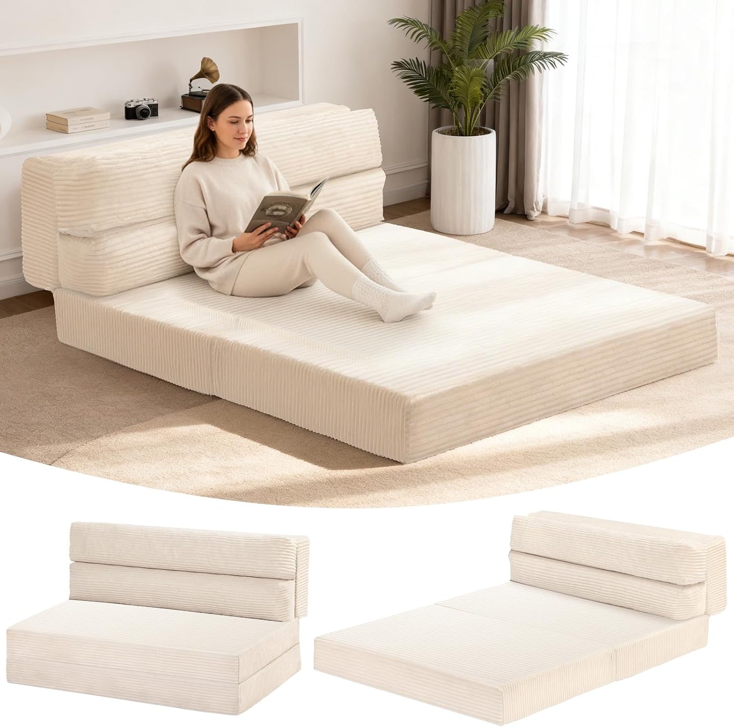 Folding Mattress Full, 3 in 1 Convertible Sofa Bed Foldable Couch Bed Floor Couch Lounge Sleeper Mattress for Living Room, Guest Room