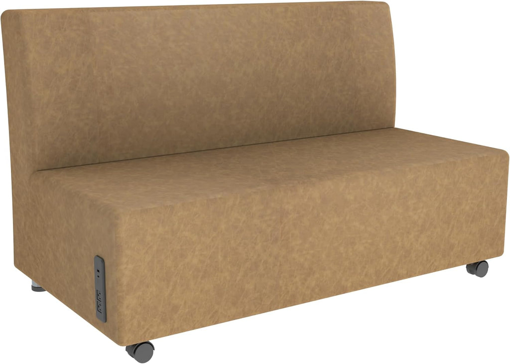 FDP Pro Series Rustic Armless Mobile Sofa with Tech Outlet and USB Charging Distressed Faux Leather, Hand Upholstered Commercial Furniture for Hotel Lobby, Office, Restaurant, Home - Pecan
