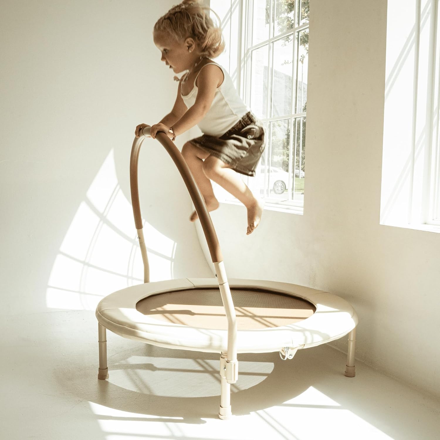 36' Kids and Toddler Mini Trampoline, Aesthetic Indoor and Outdoor Small Baby Trampoline with Removable Handle, Ultra Safe No-Gap Elastic Spring Design