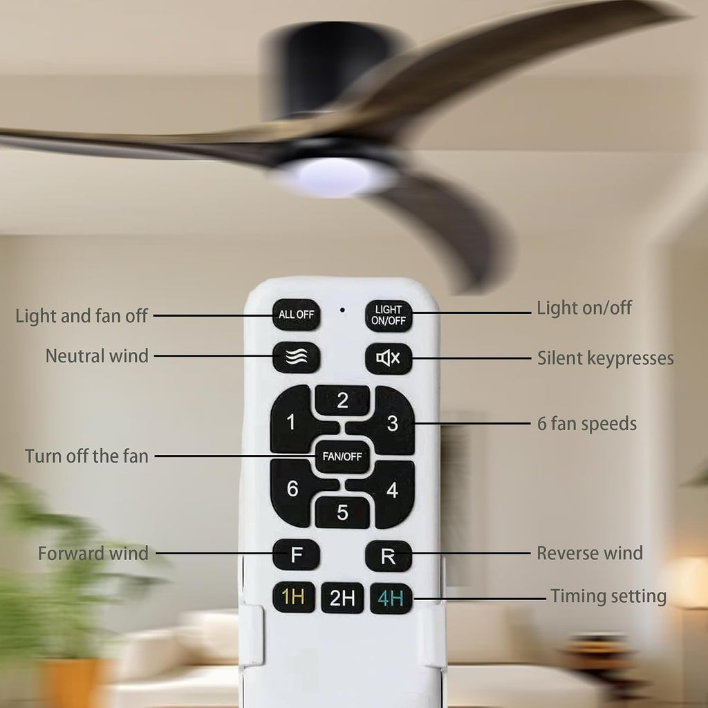 52'' Modern Dimmable Chandelier Fan with Light, Low Profile Flush Mount Ceiling Fan Wooden Fandelier with Remote Reversible DC Motor Ceiling Fan for Bedroom Living Room (Black)