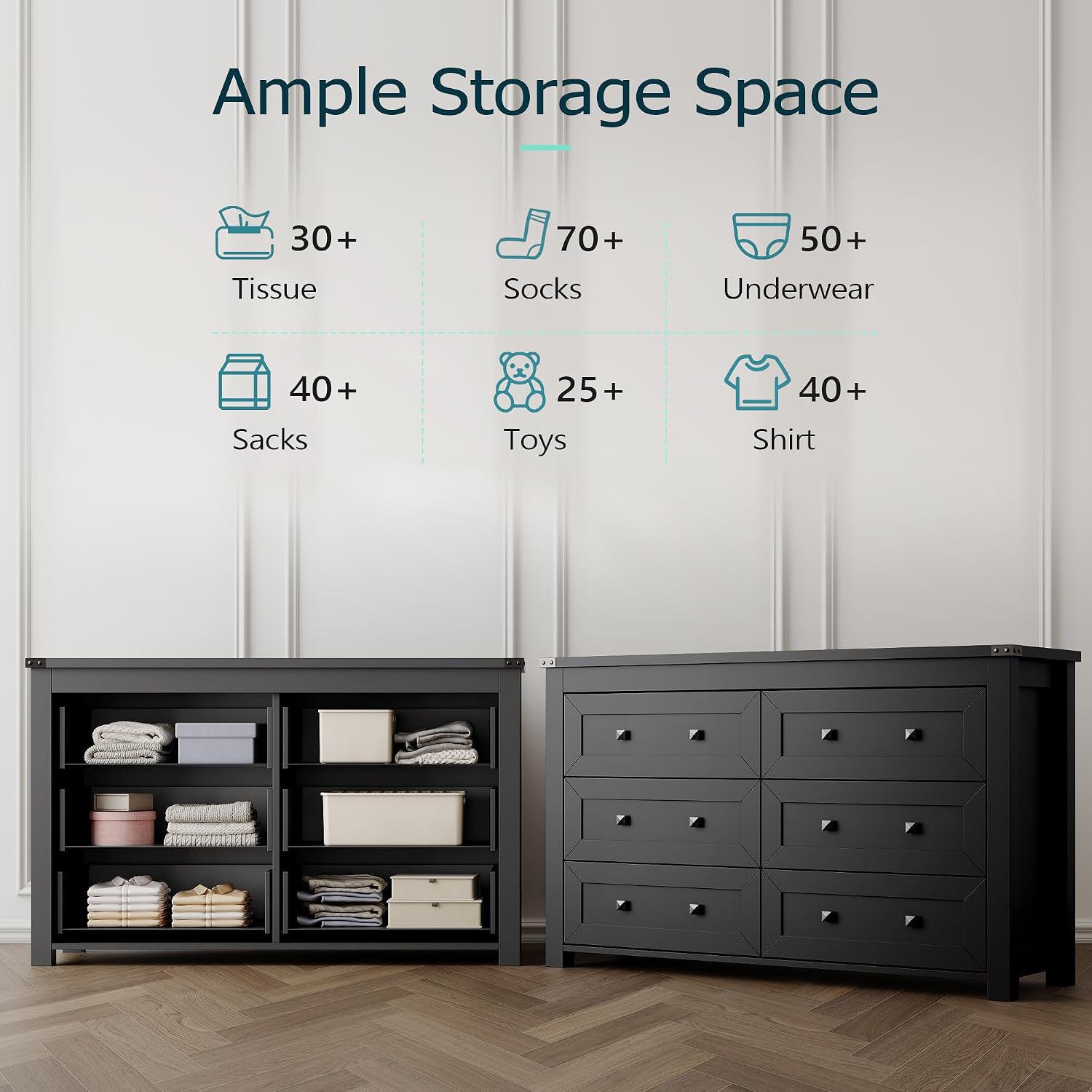 Dresser for Bedroom with 6 Drawers, Farmhouse Wood Chest of Drawers, Wide TV Stand Closet Storage Furniture with Metal Handle, Modern Clothes Organizer for Hallway, Living Room, Entryway, Black
