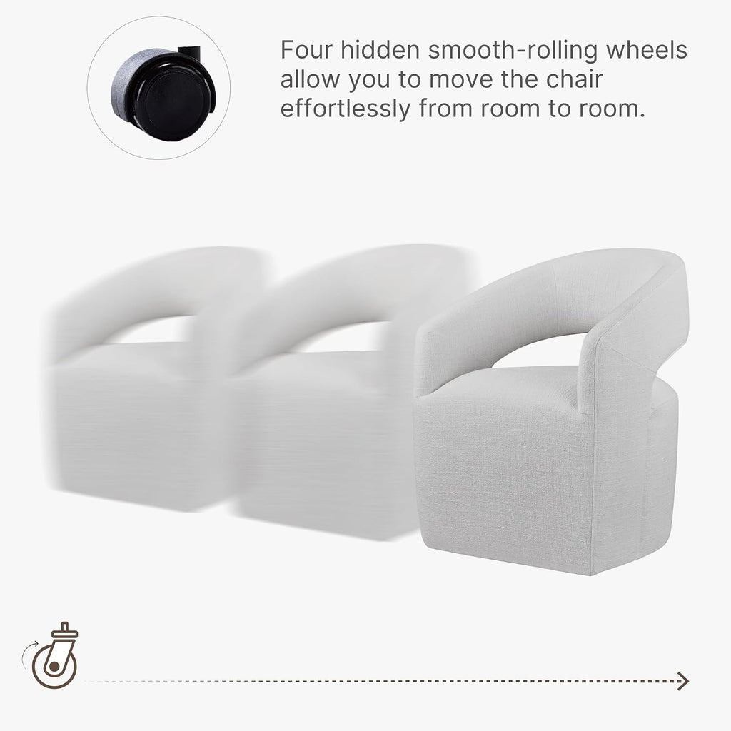 KISLOT Upholstered Dining Chairs with Casters, No Assembly Modern Barrel Armchair with Rollers for Dining Room, Bedroom, Living Room, Reading Room, Home Office, Set of 2, Light Grey