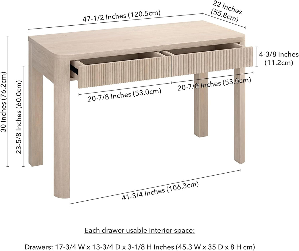 Henn&Hart 48' Fluted Modern Rectangular Wooden Home Office Desk Computer Desk Writing Table with 2 Ribbed Storage Drawers for Bedroom, Living Room, or Home Office, Beech White