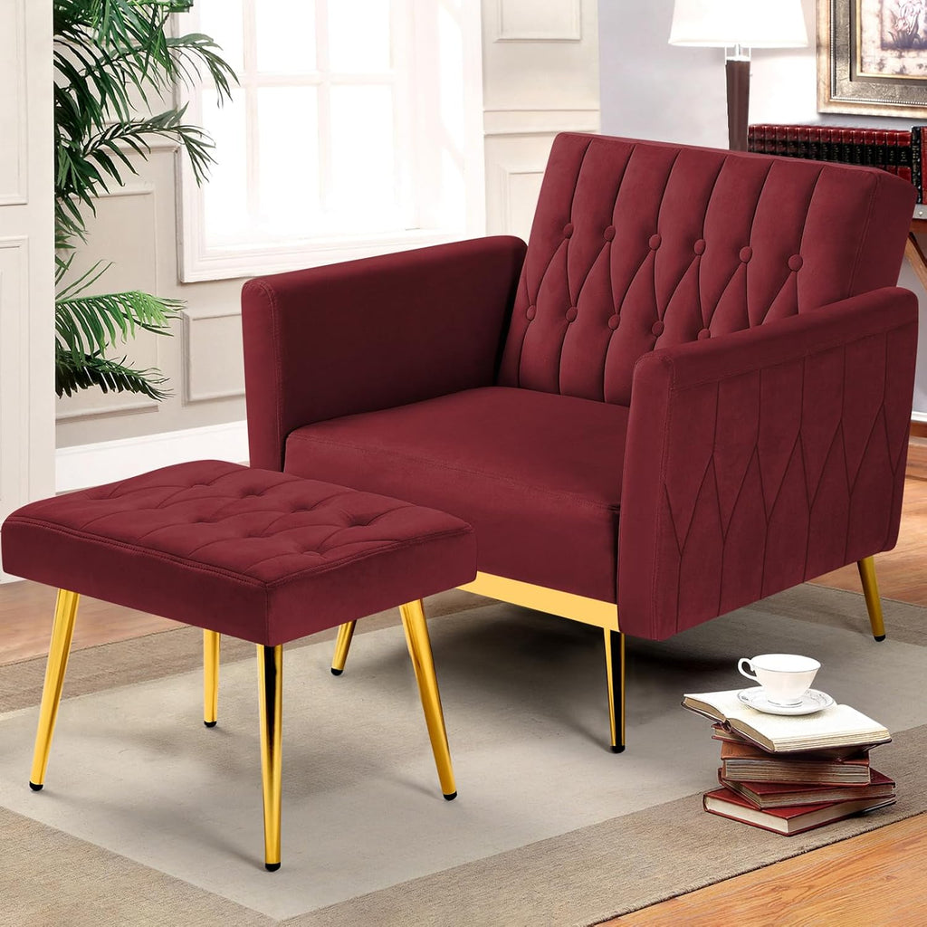Velvet Accent Chair with Adjustable Armrests and Backrest, Button Tufted Lounge Chair, Single Recliner Armchair with Ottoman and Pillow for Living Room, Bedroom, Red