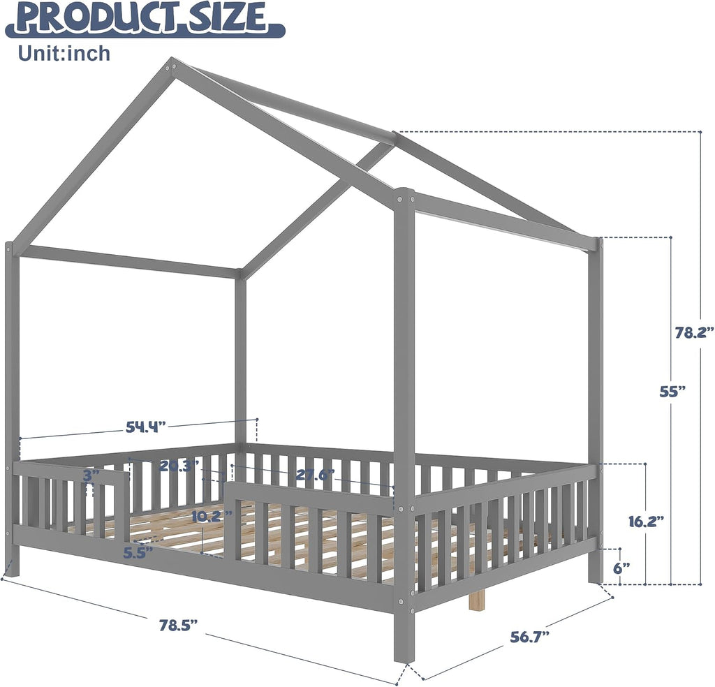 Bellemave Full House BedFrame with Canopy, Montessori Floor Bed, House Bed with Rails for Kids, Gray