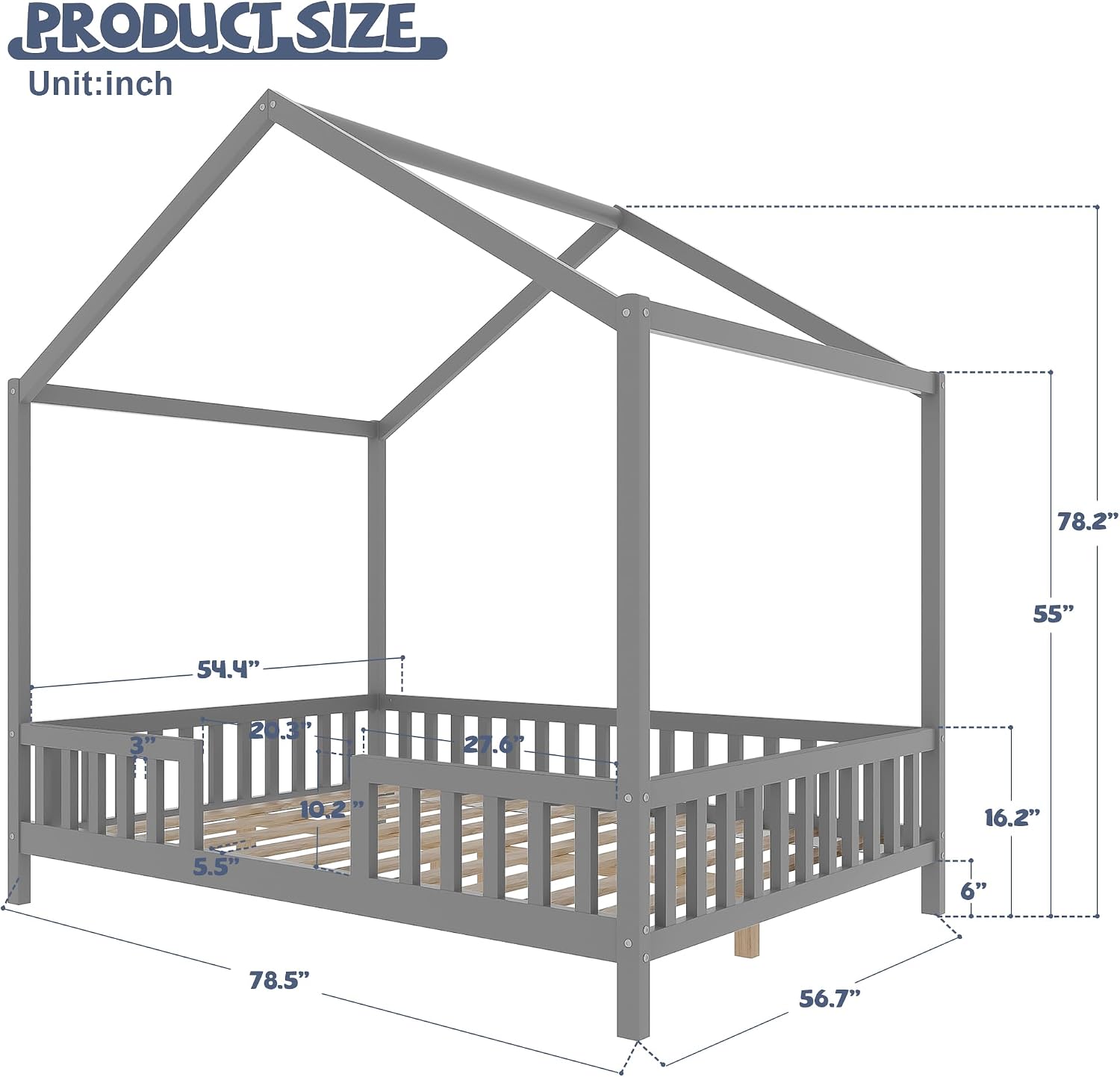 Bellemave Full House BedFrame with Canopy, Montessori Floor Bed, House Bed with Rails for Kids, Gray