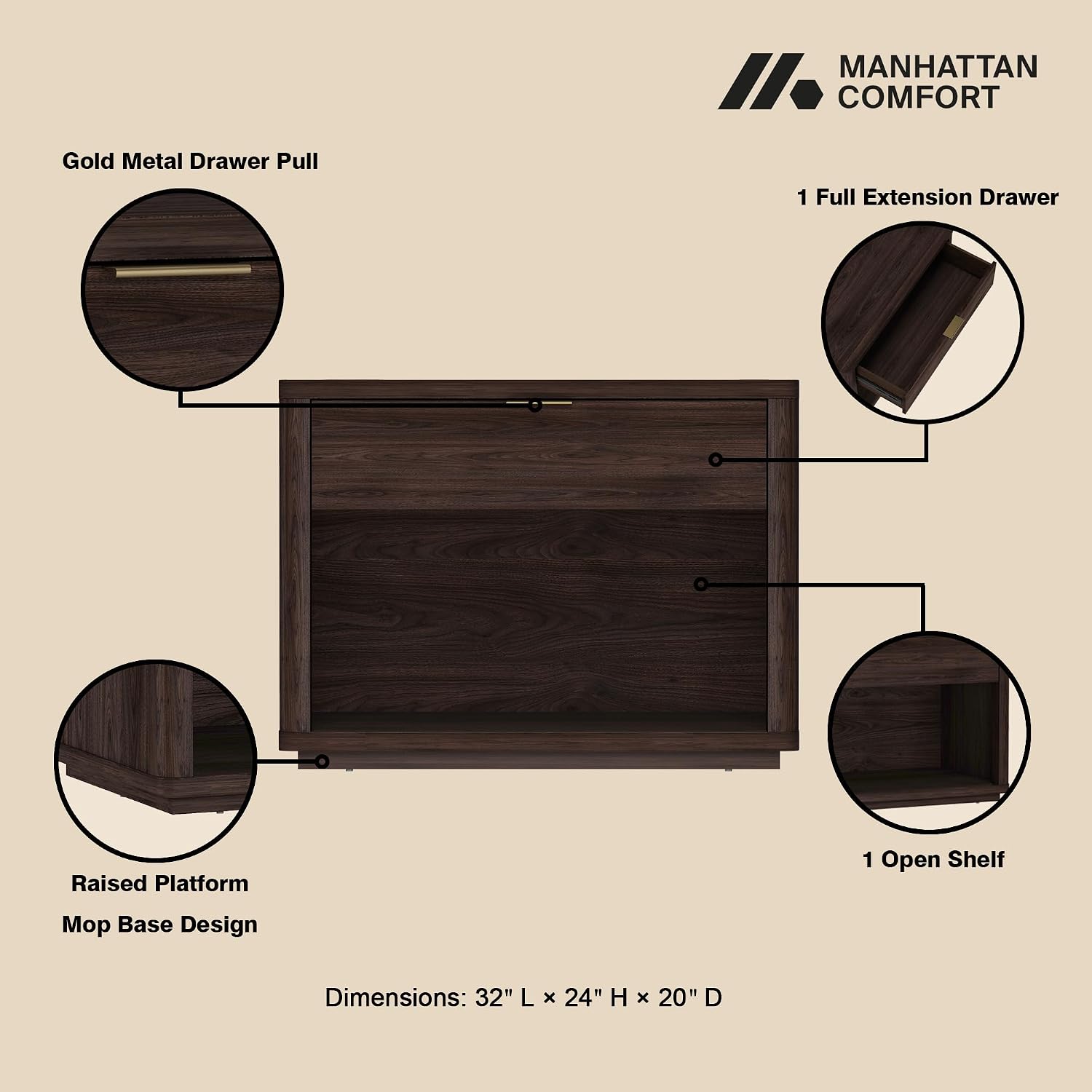 Manhattan Comfort Evelyn Set of 2 Nightstands with Drawer and Open Shelf Cubby, Minimalist Bedside Table with Rounded Corners and Raised Base, Modern Night Stand for Bedroom, or Living Room in Brown