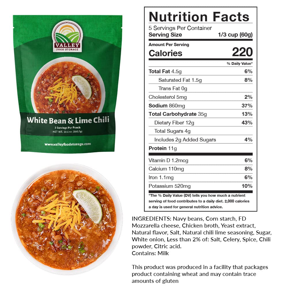 Valley Food Storage White Bean & Lime Chili | 10-Bag Bucket, 50 Servings | Premium Emergency Food Supply, 25 Year Shelf Life | Survival Meal Kits, Prepper Food & Off-Grid Living Supplies, Packaged in USA