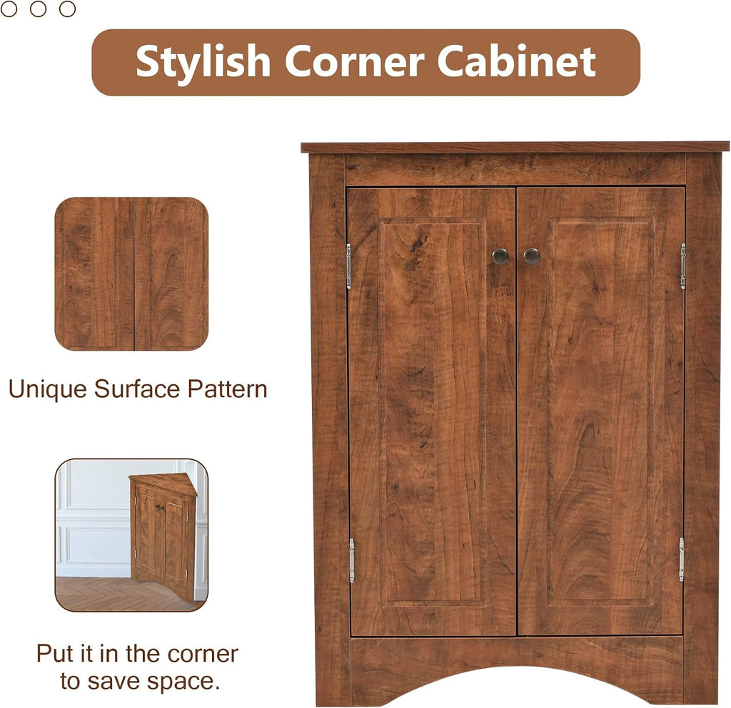Corner Storage Cabinet with Two Doors for Bathroom, Living Room or Kitchen, Adjustable Shelf, Freestanding Floor Space Saver, Brown