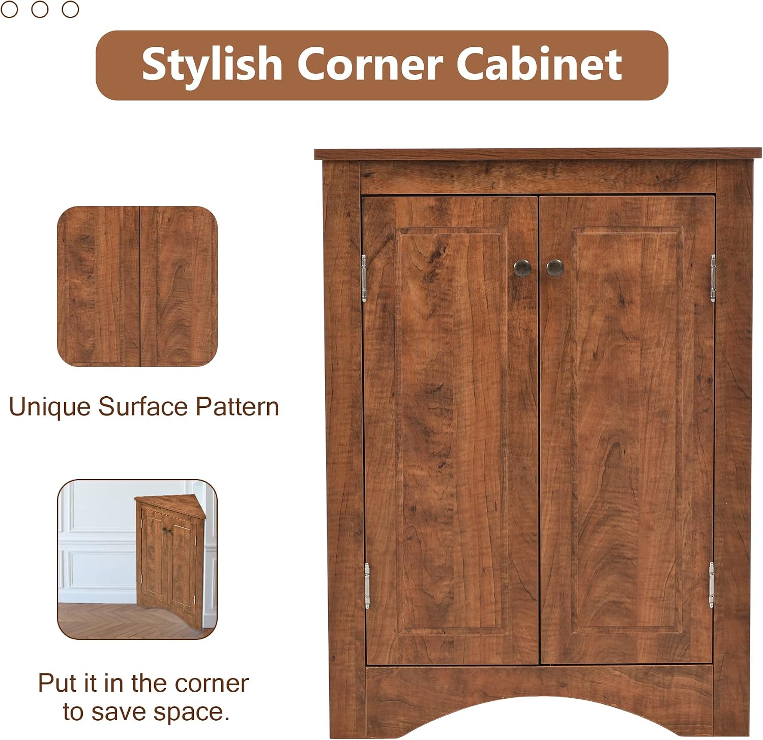 Corner Storage Cabinet with Two Doors for Bathroom, Living Room or Kitchen, Adjustable Shelf, Freestanding Floor Space Saver, Brown