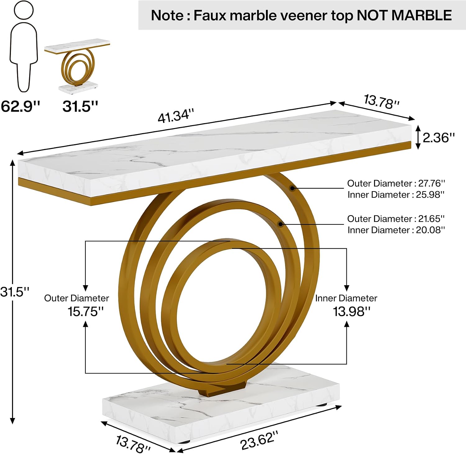 Tribesigns 41-Inch Gold Entryway Table, Modern Console Table Narrow Long, Contemporary Accent Table for Living Room, Hallway, Entrance, Faux Marble Veener Top