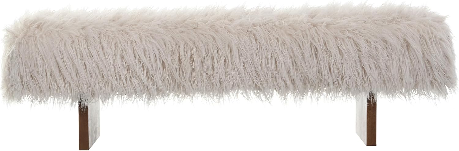 Christopher Knight Home Lenka 67' Long-haired Faux Wool Bedroom Bench, Rubberwood Ottoman Bench, Spacious Seating, Long Footstool for Living Room, Luxury Entryway Bench, Brown+Beige