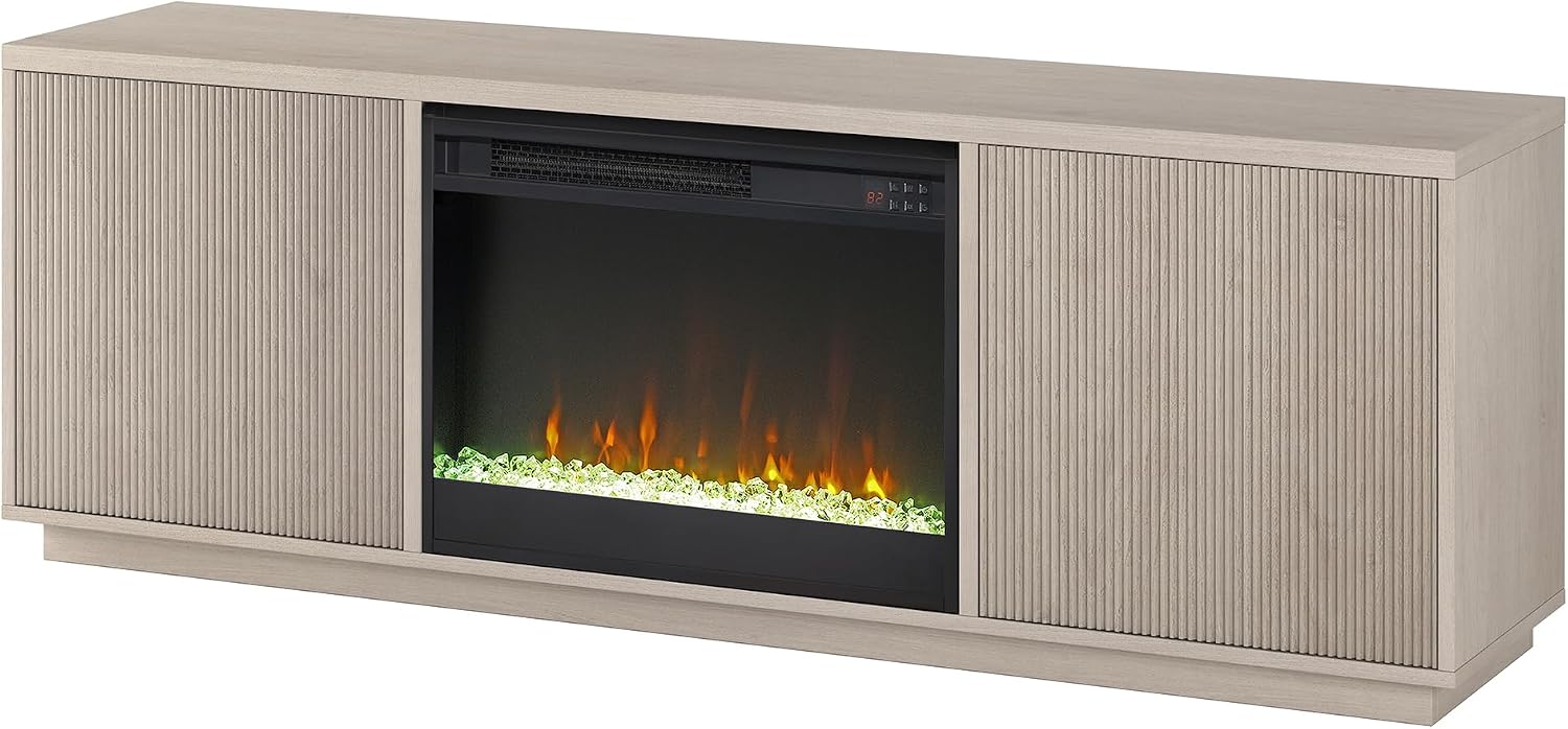 Henn&Hart Fluted TV Stand for TVs up to 75' with 26' Electric Crystal Rocks Fireplace and Ribbed Side Storage Cabinets for Living Room, Family Room, or Office, Beech White