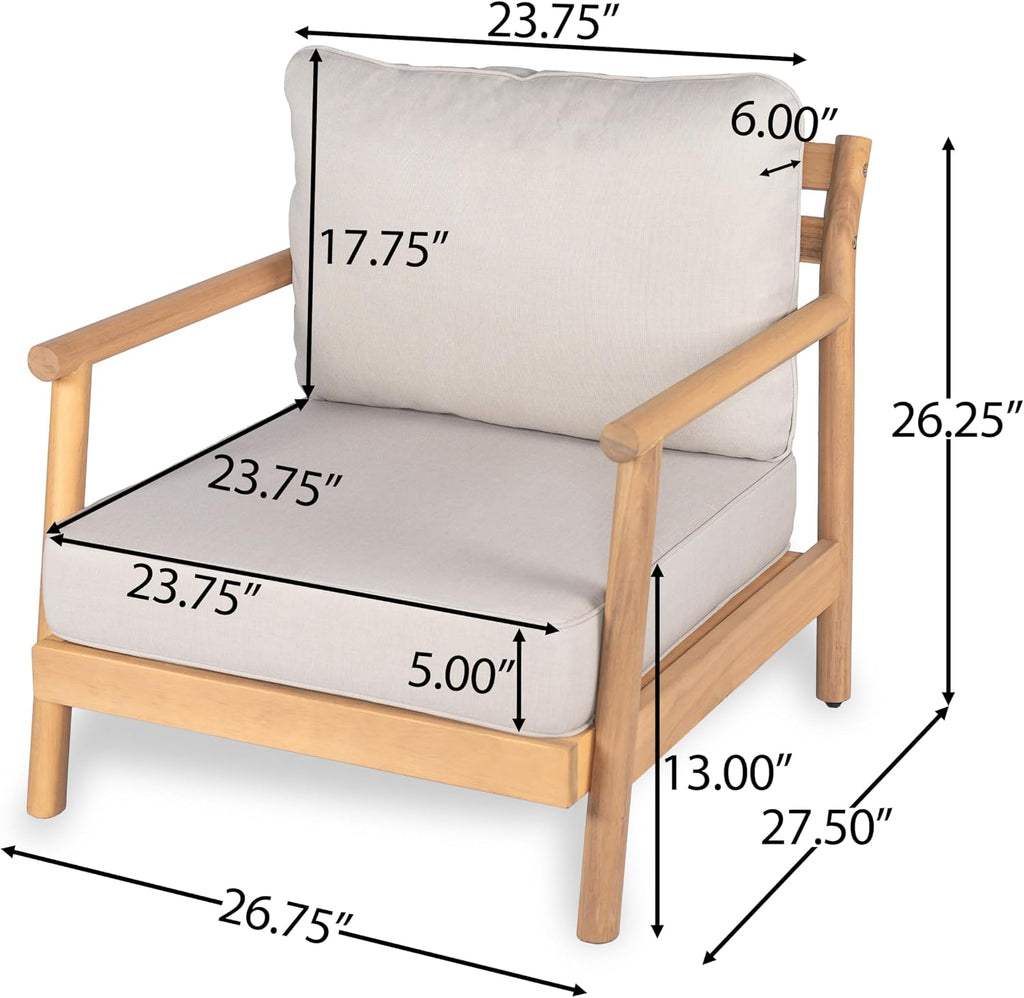 Christopher Knight Home Jorine Outdoor Club Chairs Set of 2, Acacia Wood Accent Chair, Wooden Armchair with Cushions, Open Back Comfy Seating Louge Single Sofa for Backyard Garden Balcony, Teak+Beige