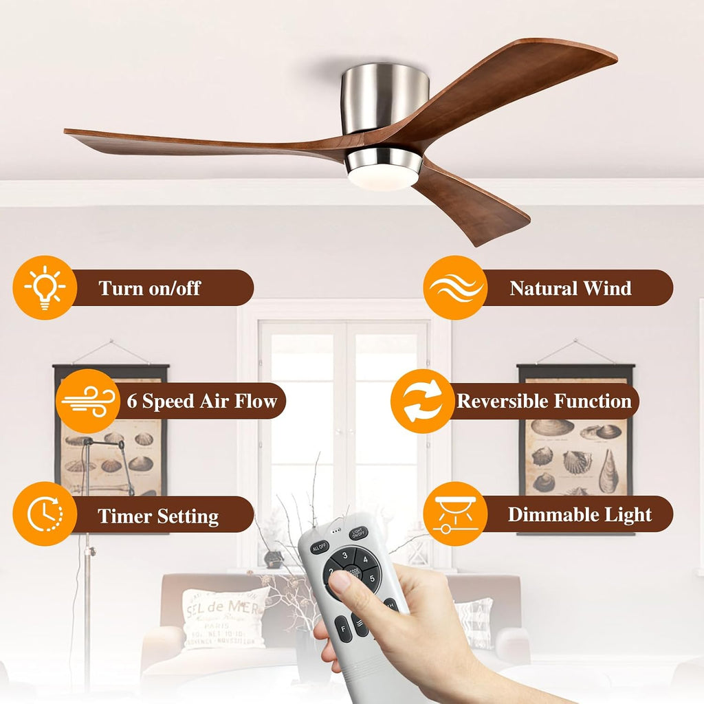 52' Wooden Flush Mount Ceiling Fans with Remote Control, Dimmable Low Profile Chandelier Fan with LED Light Modern Fandelier for Living Room Nickel Walnut