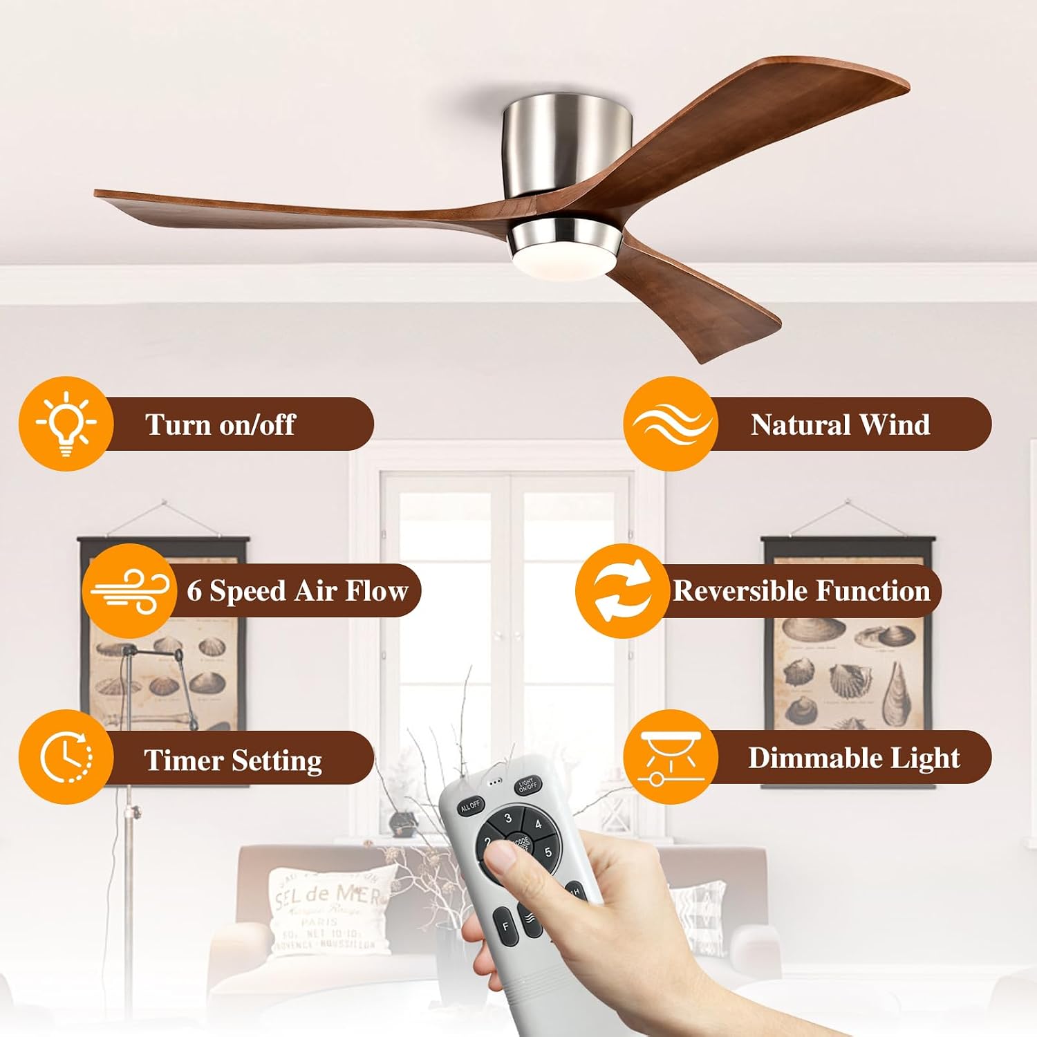 52' Wooden Flush Mount Ceiling Fans with Remote Control, Dimmable Low Profile Chandelier Fan with LED Light Modern Fandelier for Living Room Nickel Walnut