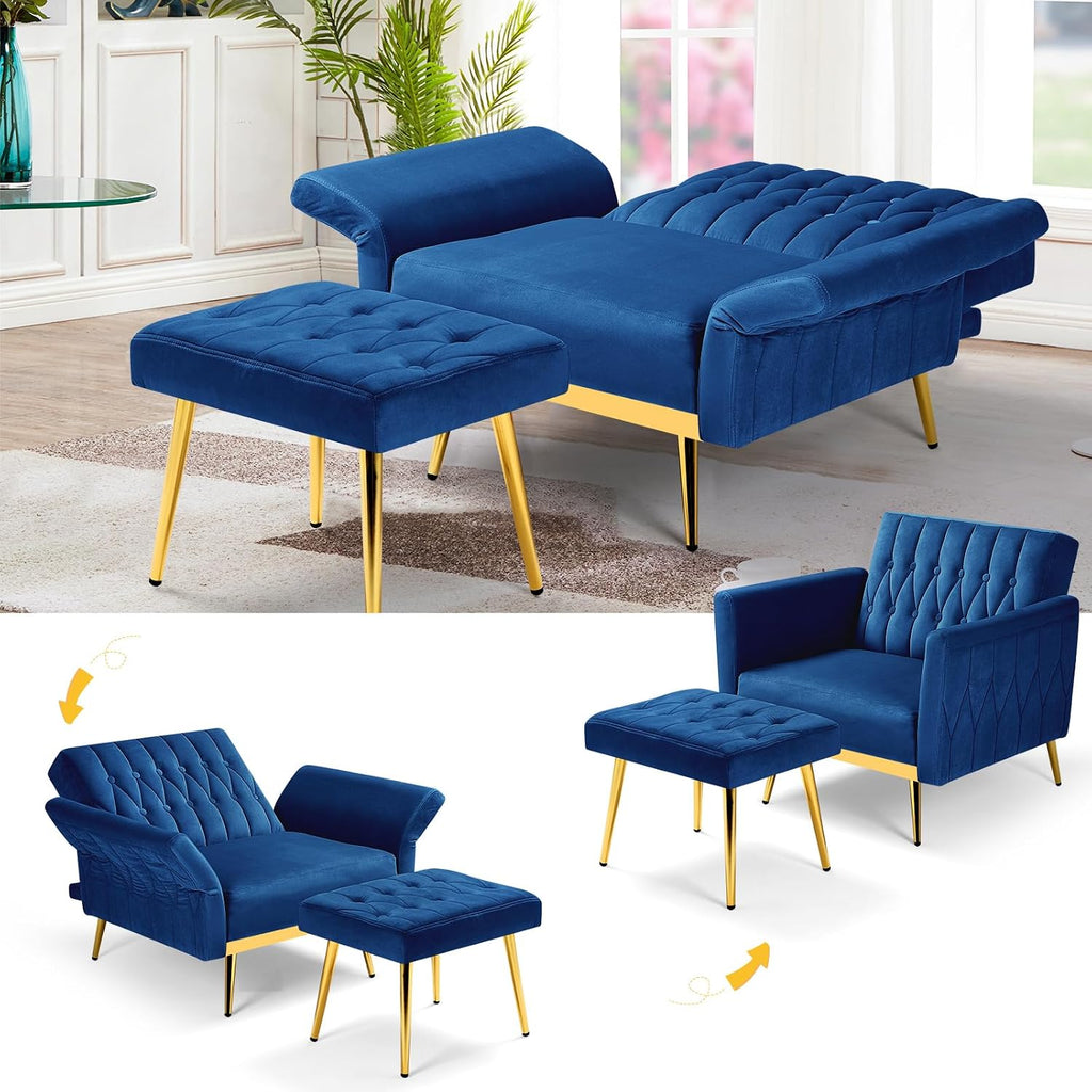 Velvet Accent Chair with Adjustable Armrests and Backrest, Button Tufted Lounge Chair, Single Recliner Armchair with Ottoman and Pillow for Living Room, Bedroom, Blue
