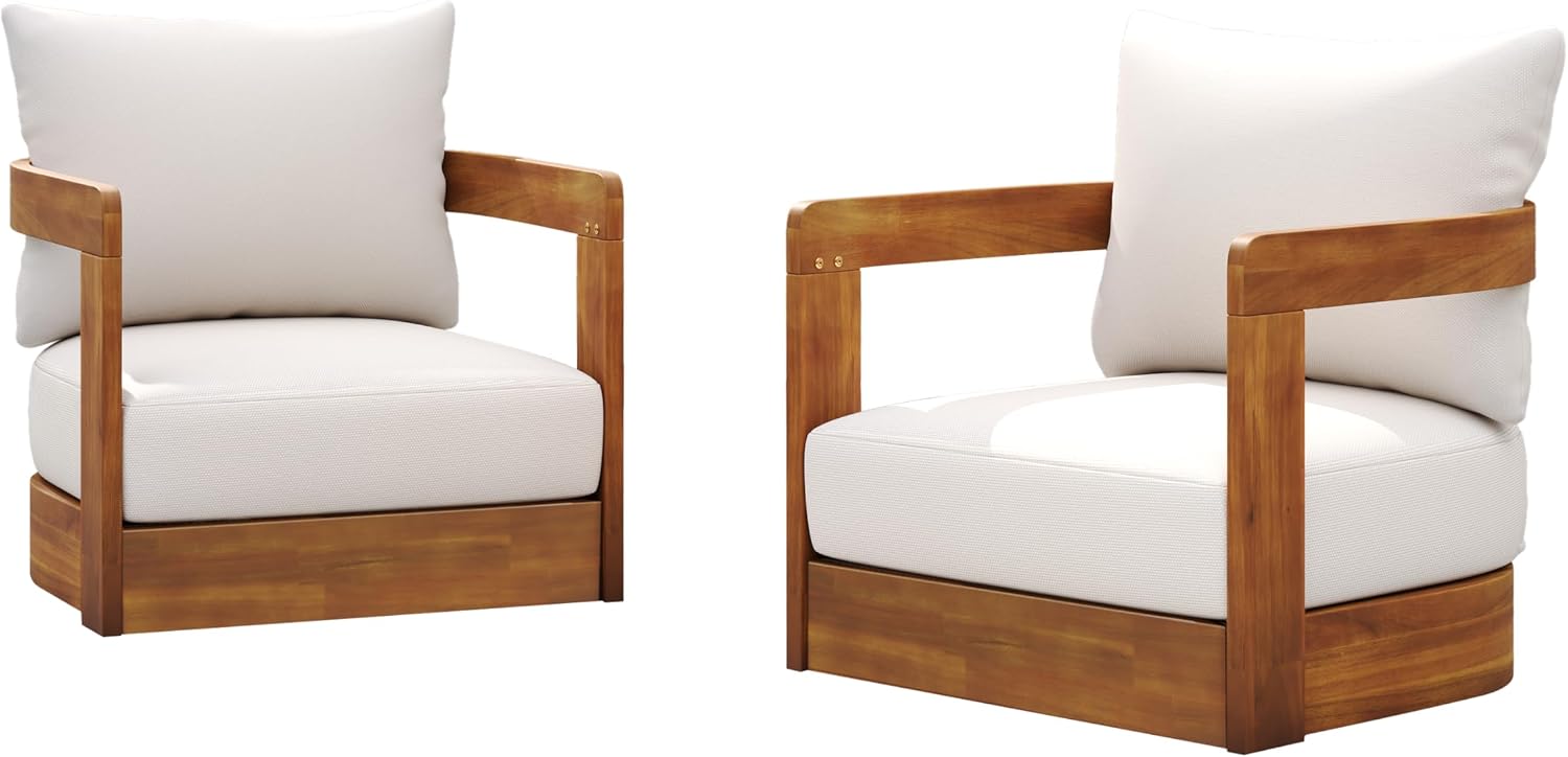 Christopher Knight Home Chloe Acacia Wood Lounge Chair Outdoor Set of 2, Curved Tub Design Accent Chairs with Weather Resistant Cushion, Comfy Low Profile Reading Seating for Backyard, Teak+ Beige