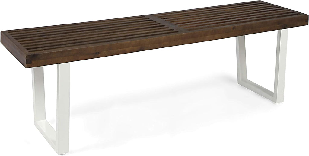 Christopher Knight Home Joa Patio Dining Bench, Acacia Wood with Iron Legs, Modern, Contemporary, Dark Brown and White, Wash