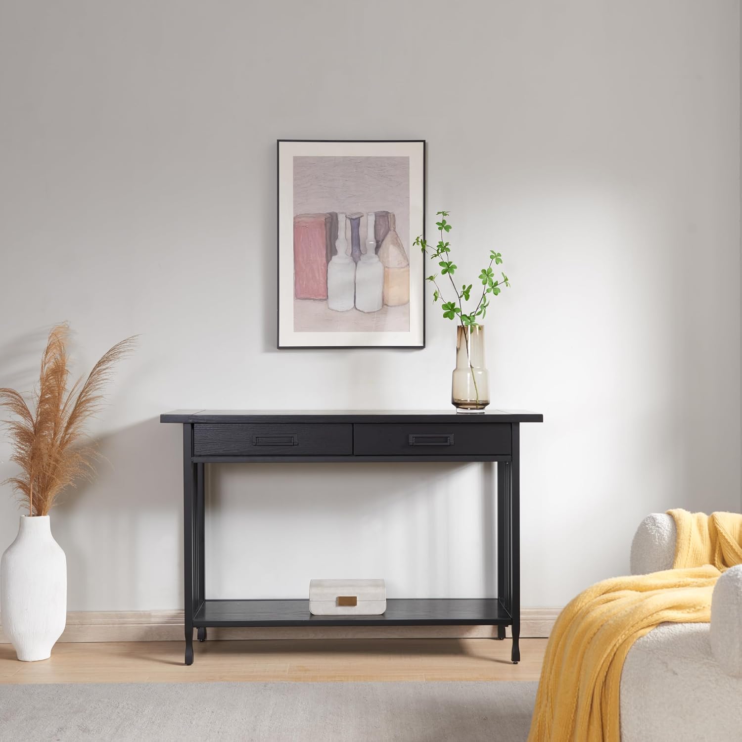 Leick Home 11233-BK Ironcraft Rustic Two Drawer Console Table with Shelf, Black Wash